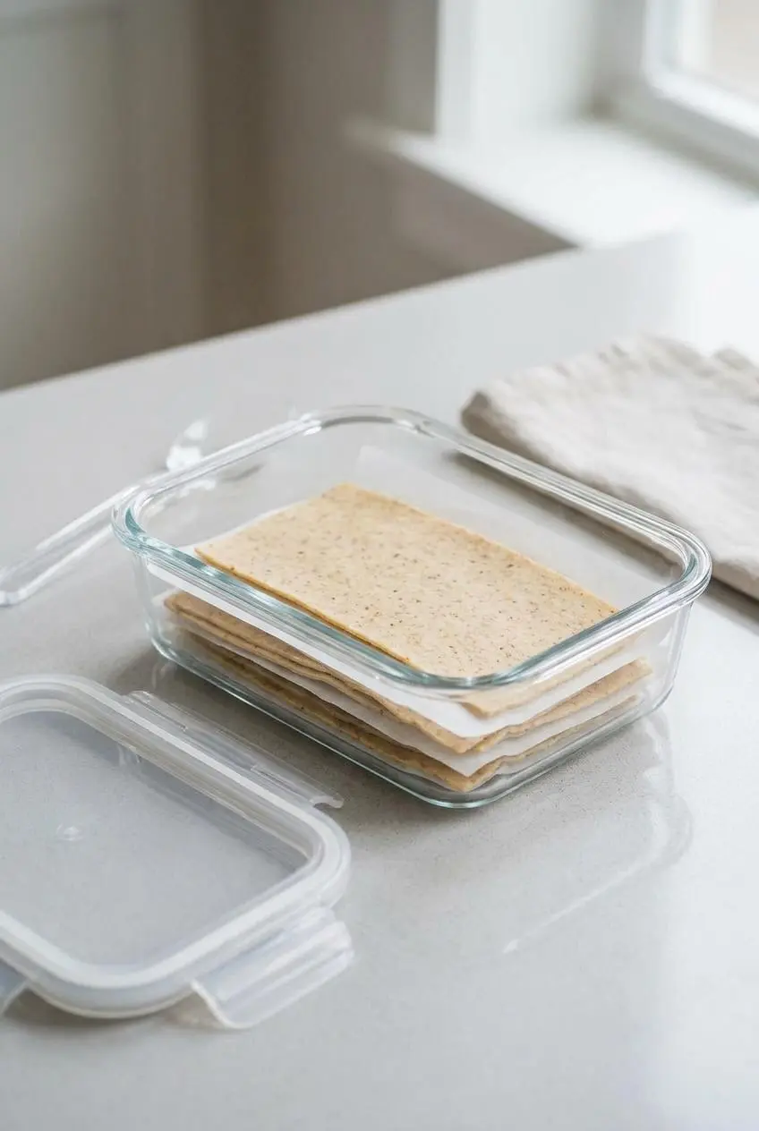 Uncut sheets of homemade keto pasta layered with parchment paper inside a rectangular glass container for storage.