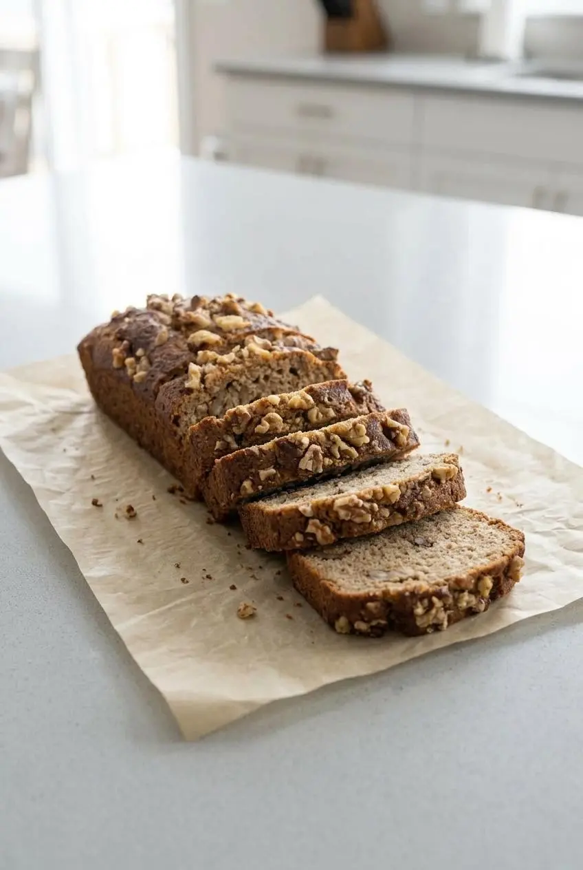 Several slices of keto banana bread arranged on a piece of parchment paper on a countertop, ready for storage.