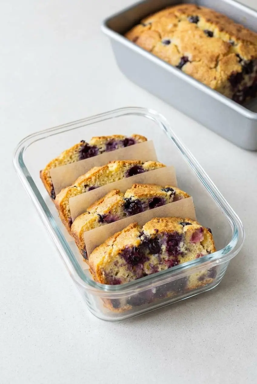 Four slices of keto blueberry bread being placed in a glass container with parchment paper between each slice for proper storage.