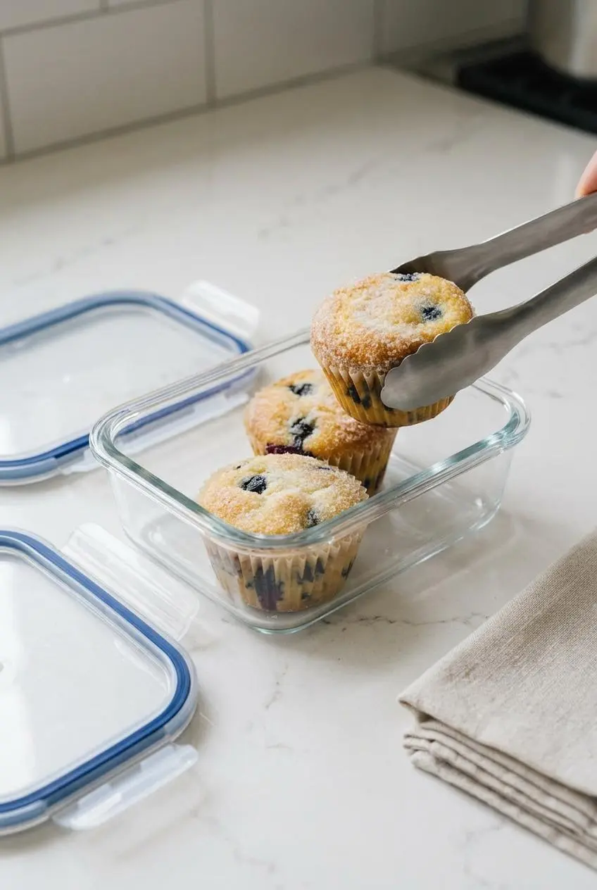 Three keto blueberry muffins being placed into a rectangular glass airtight container on a clean kitchen counter.
