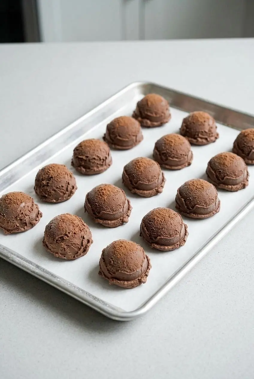 Rows of perfectly formed keto chocolate ice cream scoops arranged on a parchment-lined baking sheet for pre-portioning and freezing.