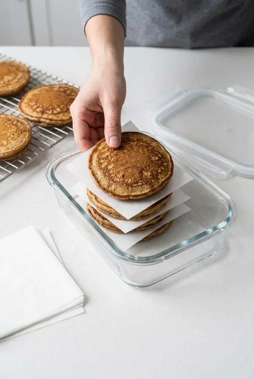 Cooled keto pancakes being placed into a glass container for storage, with parchment paper squares separating each pancake to prevent