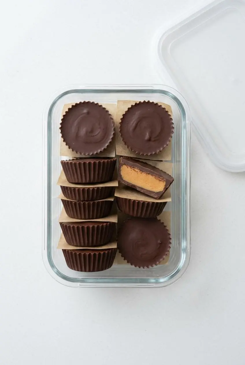 Several keto peanut butter cups arranged in a glass airtight container with parchment paper separating them, ready for storage.