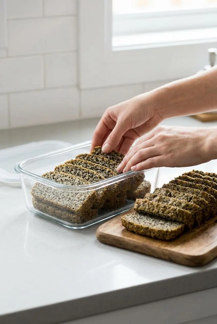 Sliced keto bread being neatly arranged inside a large, clear glass airtight container on a kitchen counter to keep it fresh.