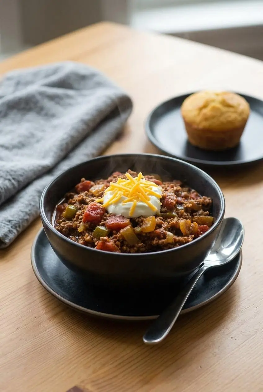 A bowl of keto chili on a wooden table, topped with sour cream and shredded cheddar cheese, with a keto cornbread muffin in the background.