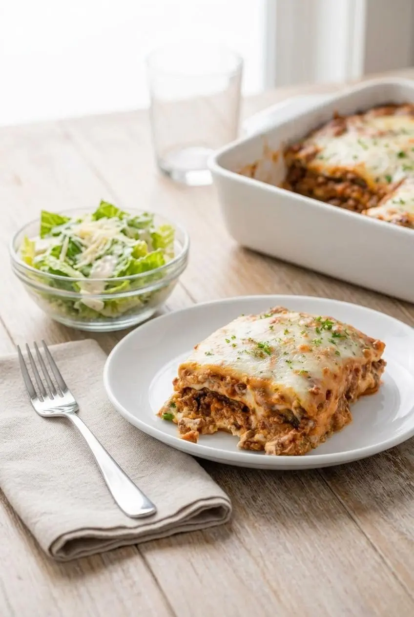A slice of eggplant lasagna on a white plate, served with a side salad and a fork on a napkin, on a wooden table.
