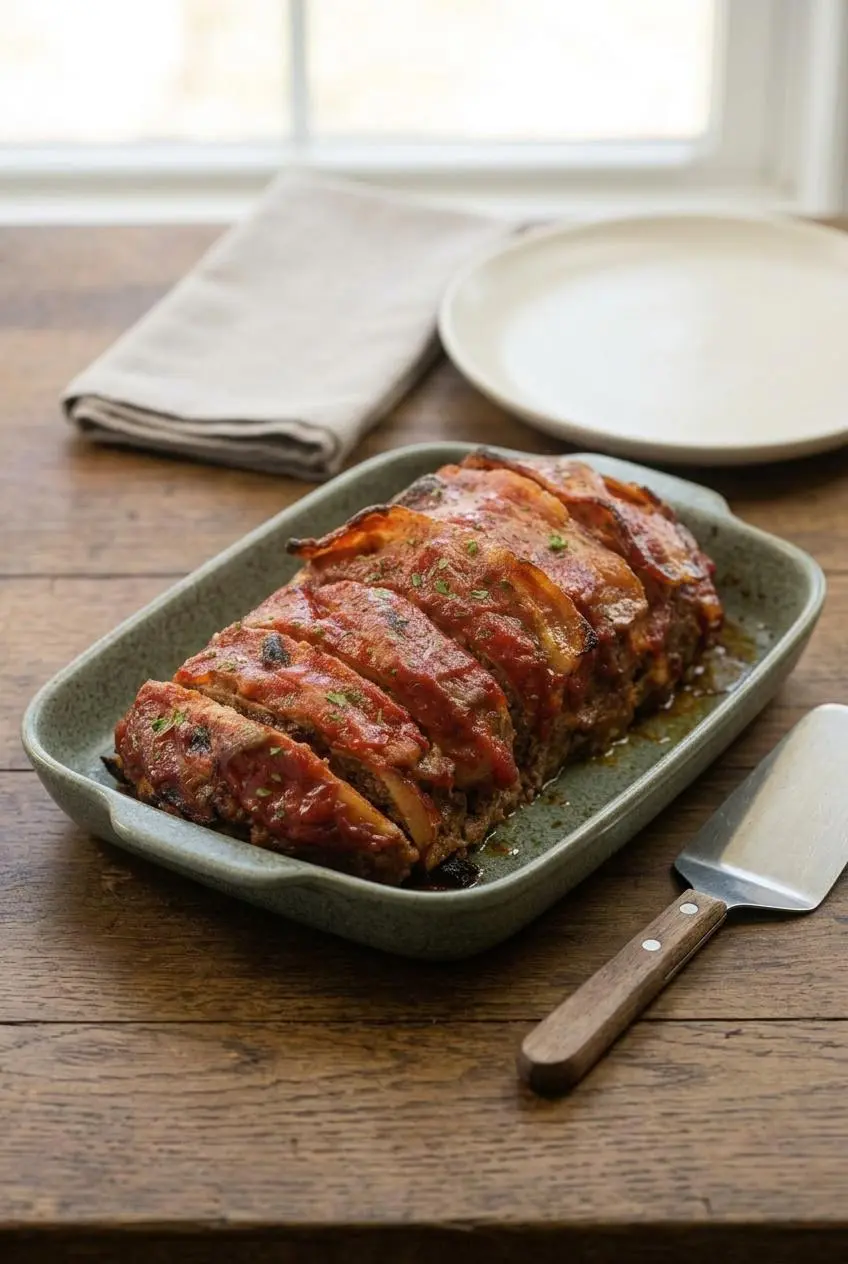 Freshly baked low carb meatloaf wrapped in bacon inside a white ceramic baking dish on a rustic wood table.