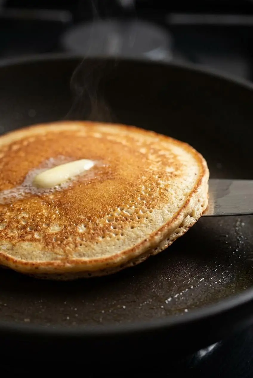 A single keto pancake cooking in a non-stick skillet with tiny micro-bubbles forming along the edges.