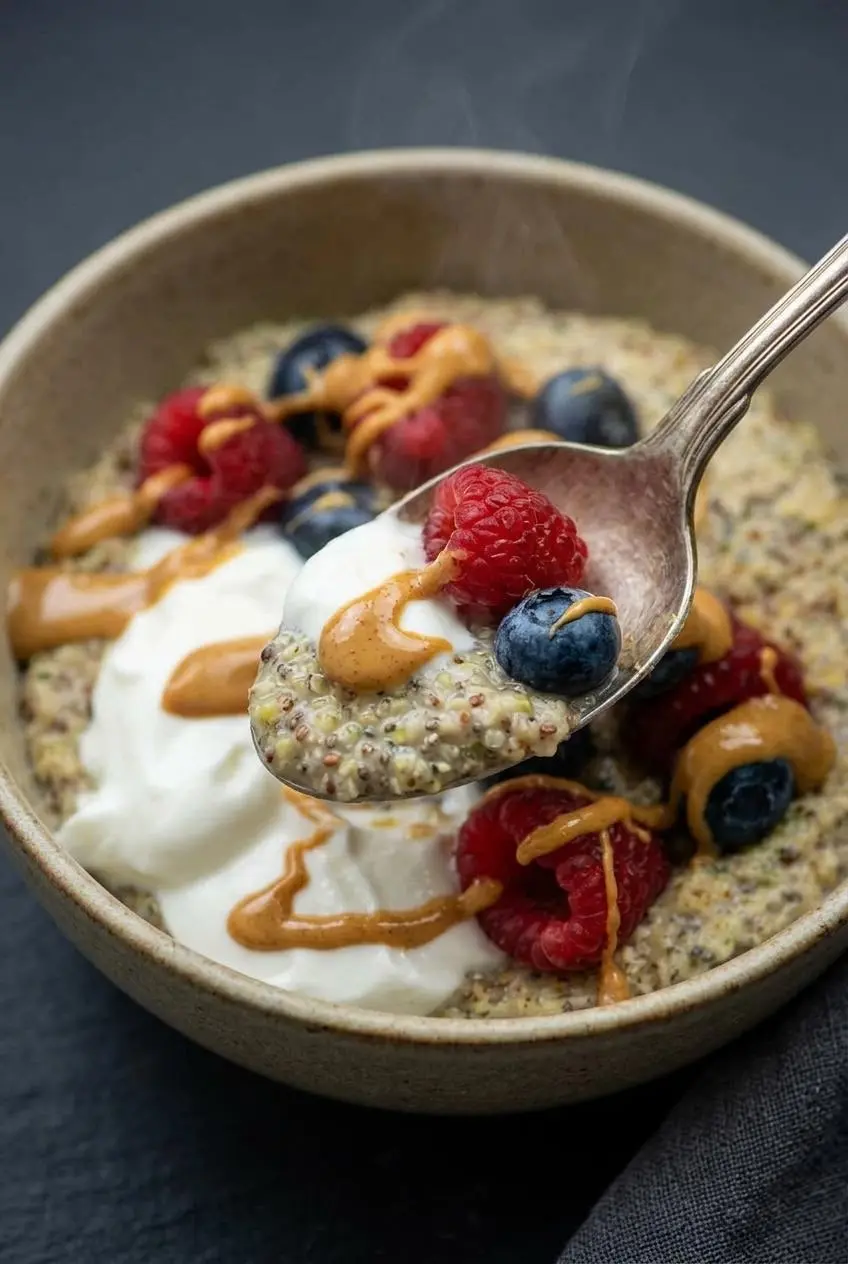Close-up of a spoon lifting thick, creamy seed-based keto porridge from an earthy ceramic bowl.