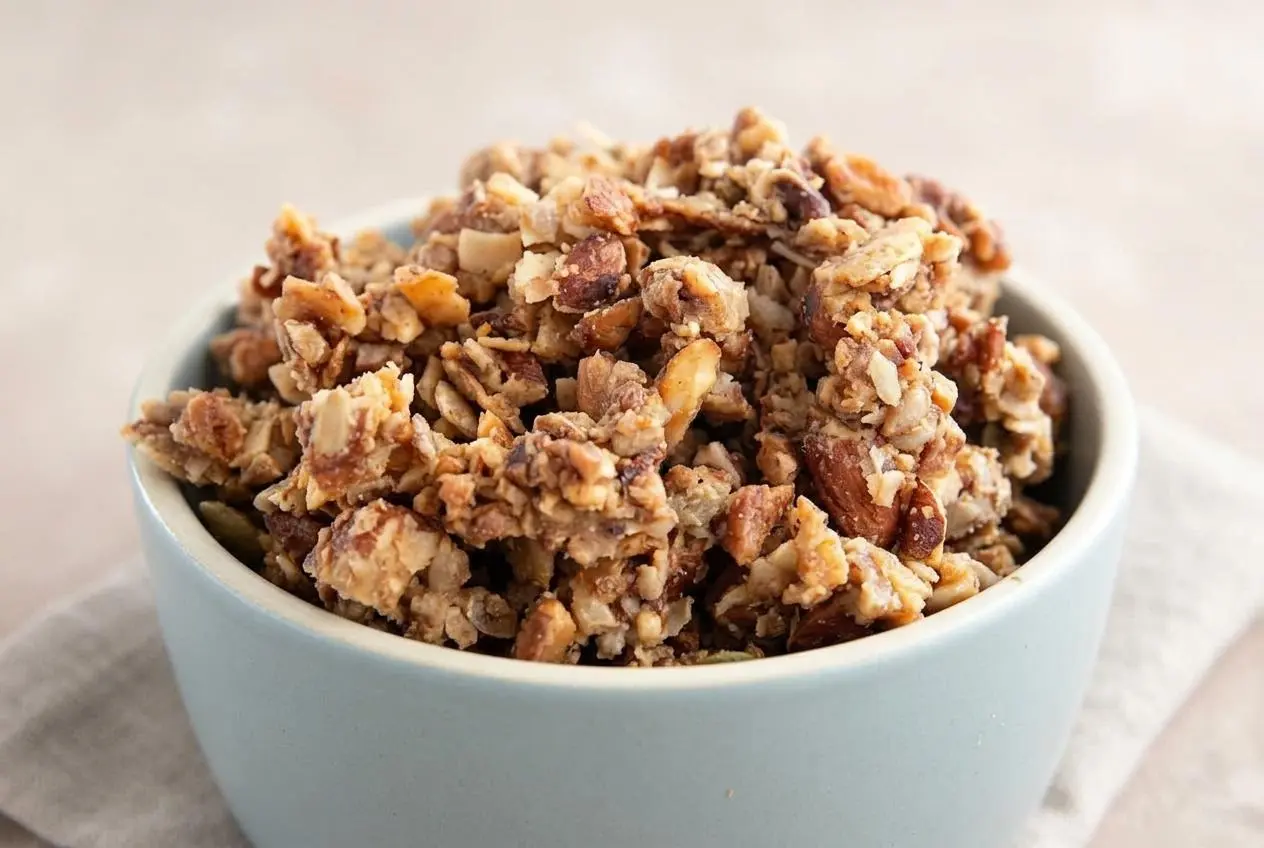 Crunchy low carb keto granola with golden toasted coconut flakes, pecans, almonds, and pumpkin seeds.