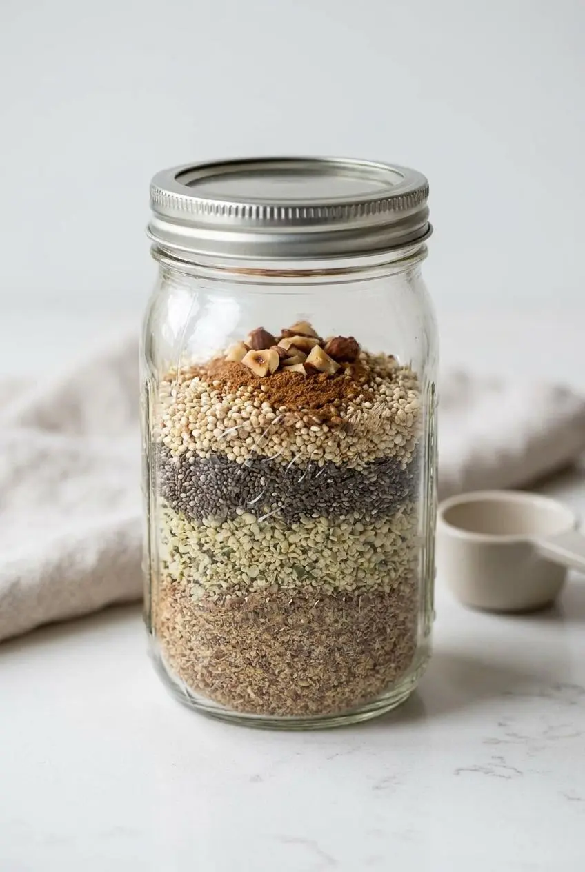 Dry ingredients for keto oatmeal layered in a clear glass mason jar on a bright quartz countertop.