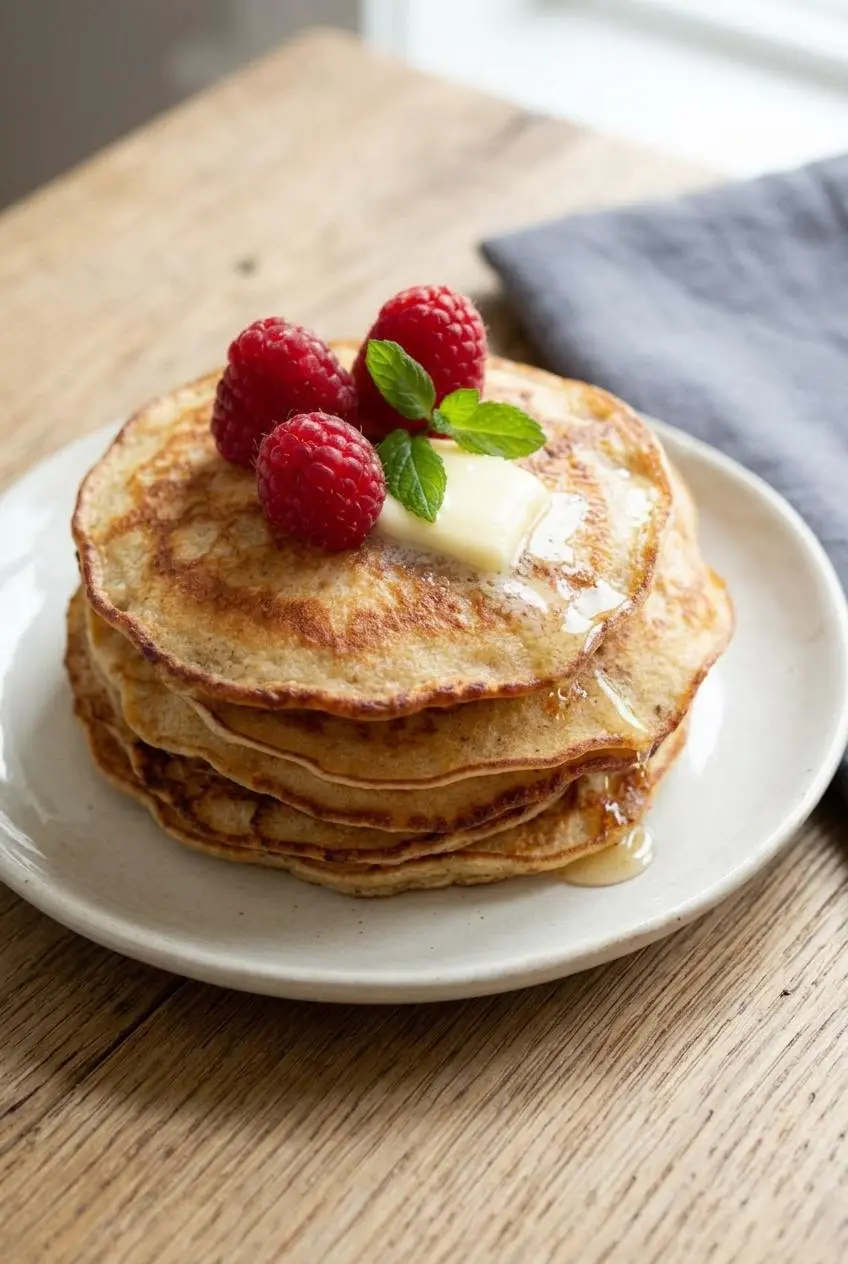 Three golden keto pancakes stacked on a cream plate with a square of melting butter and fresh red raspberries.