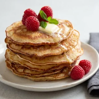 Stack of fluffy keto pancakes with melting butter and sugar-free syrup on a light plate.