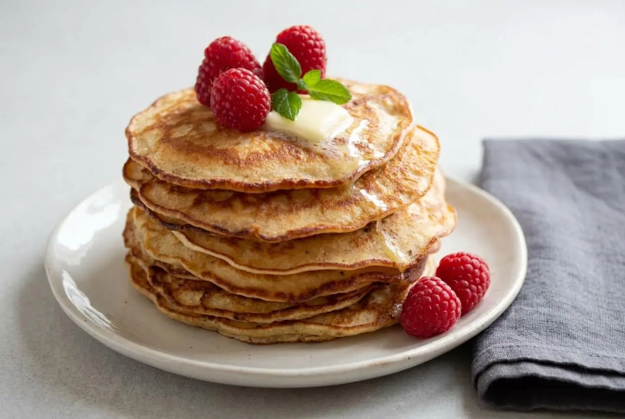 Stack of fluffy keto pancakes with melting butter and sugar-free syrup on a light plate.