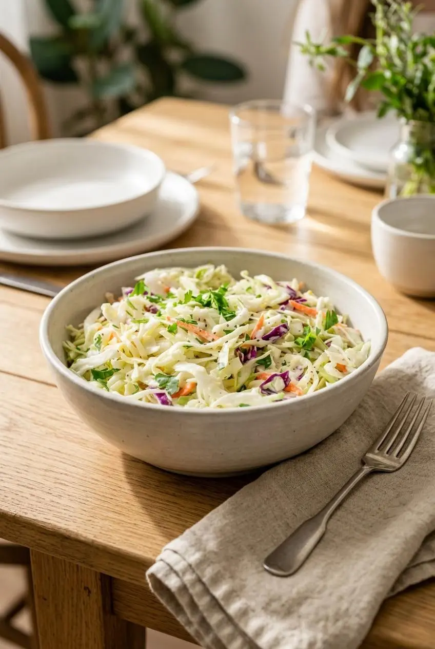 Freshly prepared low-carb coleslaw served in a ceramic bowl on a rustic light-oak table under soft afternoon light.