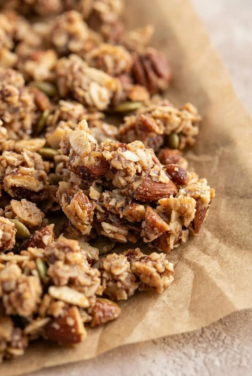 Close-up of large, chunky keto granola clusters bound by caramelized sweetener on brown baking parchment.