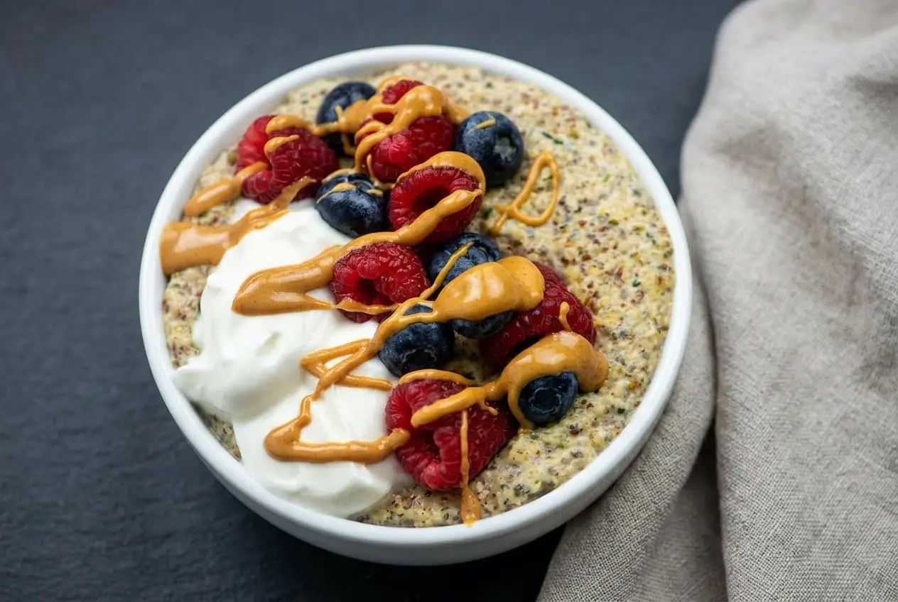 Keto Oatmeal Breakfast Bowl topped with creamy Greek yogurt, fresh mixed berries, and a drizzle of almond butter.
