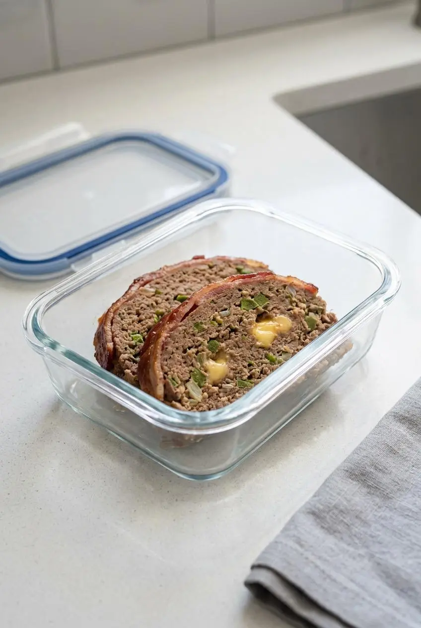 Two leftover slices of low carb meatloaf stored inside a glass meal prep container on a kitchen counter.