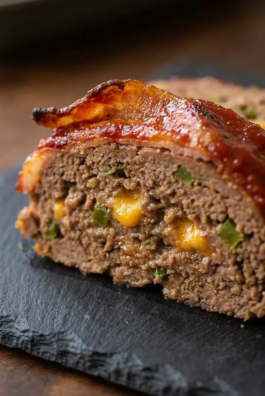 A thick slice of low carb meatloaf with melted cheddar, green peppers, and a caramelized bacon edge.