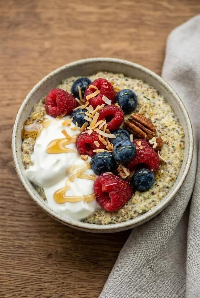 Keto oatmeal bowl topped with toasted pecans, unsweetened coconut flakes, and a drizzle of sugar-free maple syrup.
