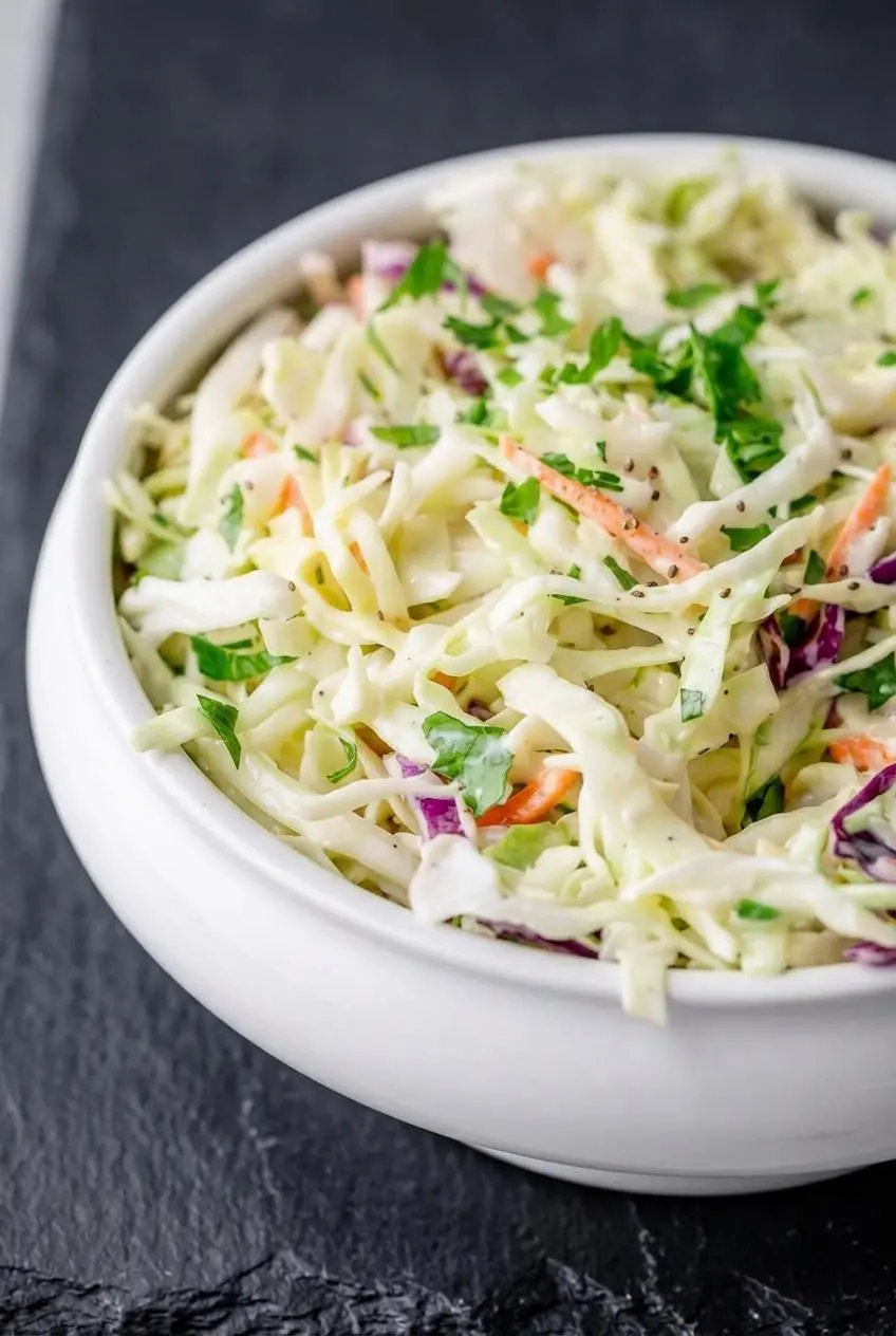 Macro shot of shredded green and purple cabbage fully coated in smooth, creamy dressing with visible celery seed flecks.