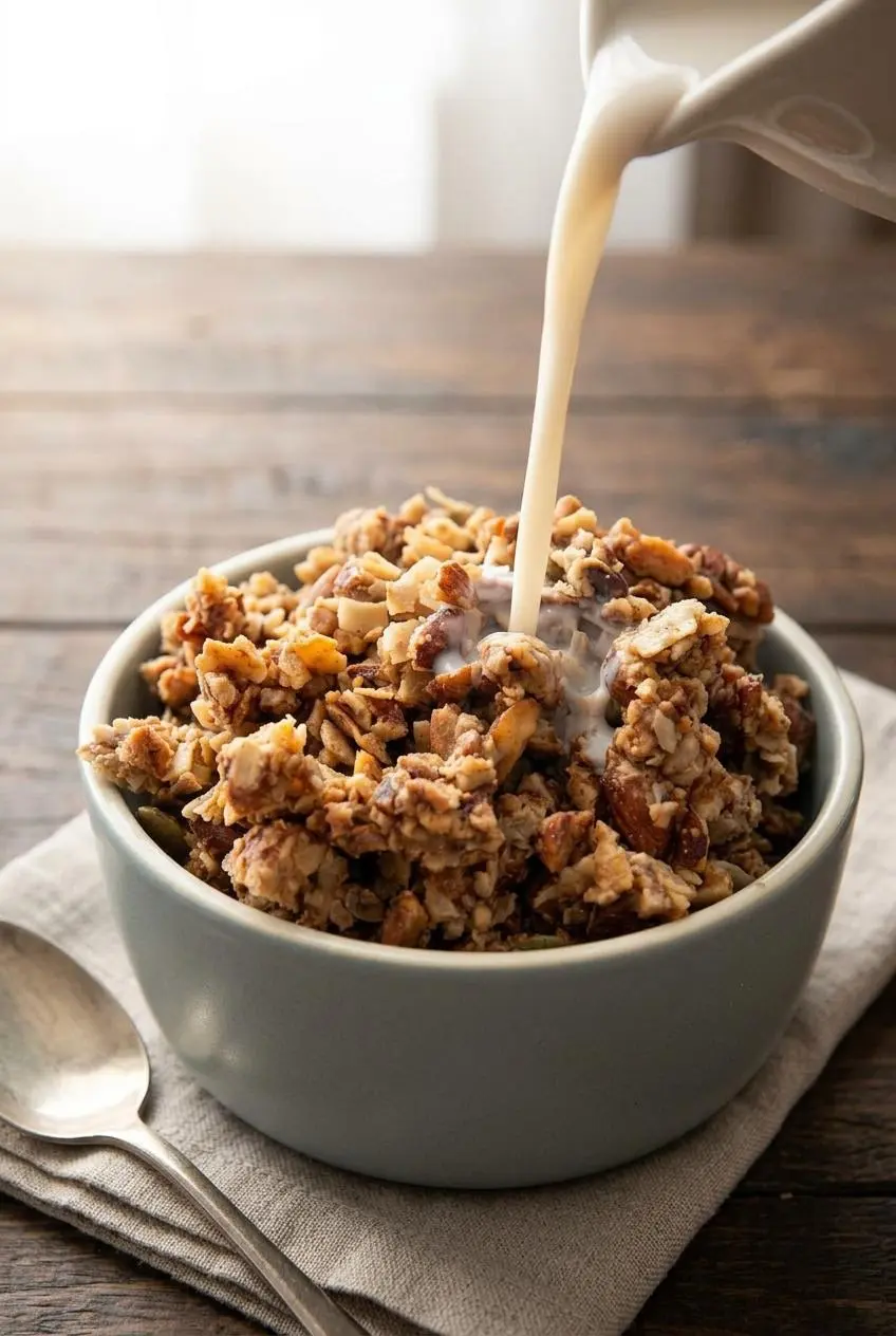 Cold unsweetened almond milk poured over a ceramic bowl of low carb keto granola on a rustic wooden table.