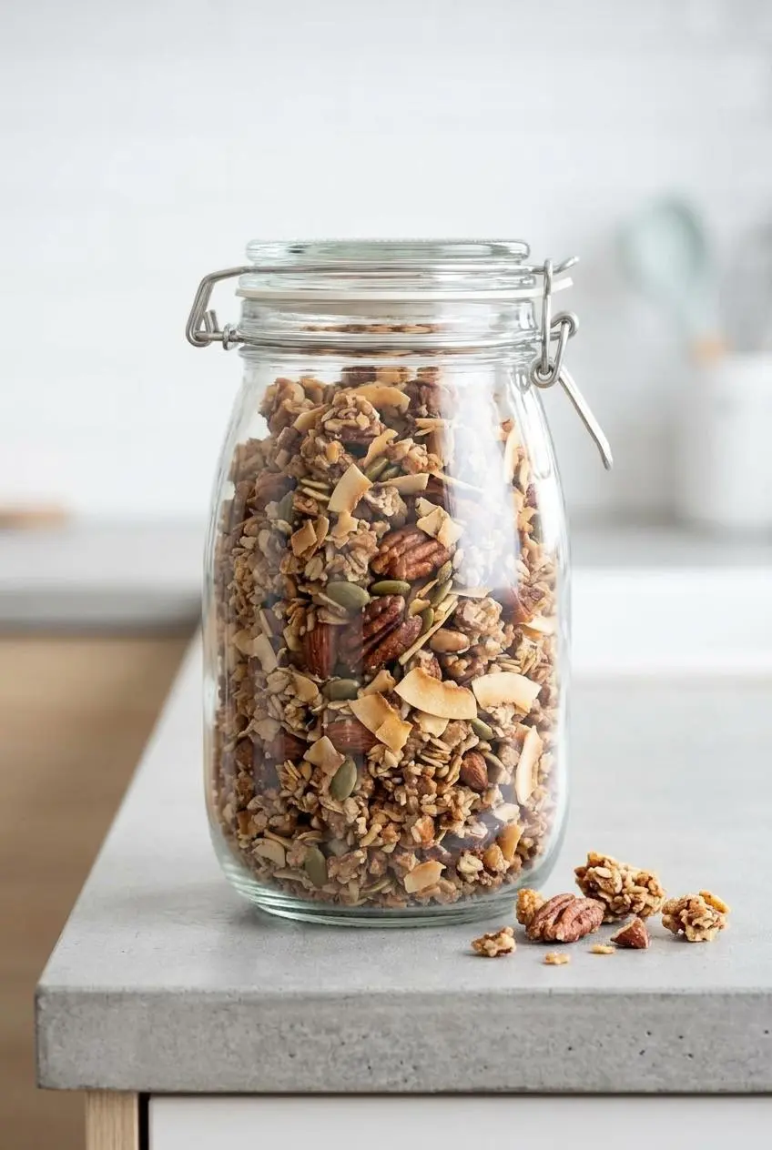 Tall glass storage jar filled with crunchy grain-free granola on a modern concrete kitchen countertop.