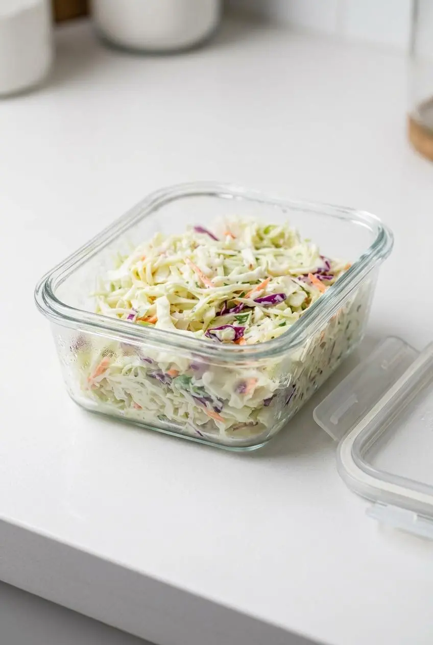 Shredded cabbage salad stored in a clear glass airtight meal prep container on a bright white kitchen countertop.