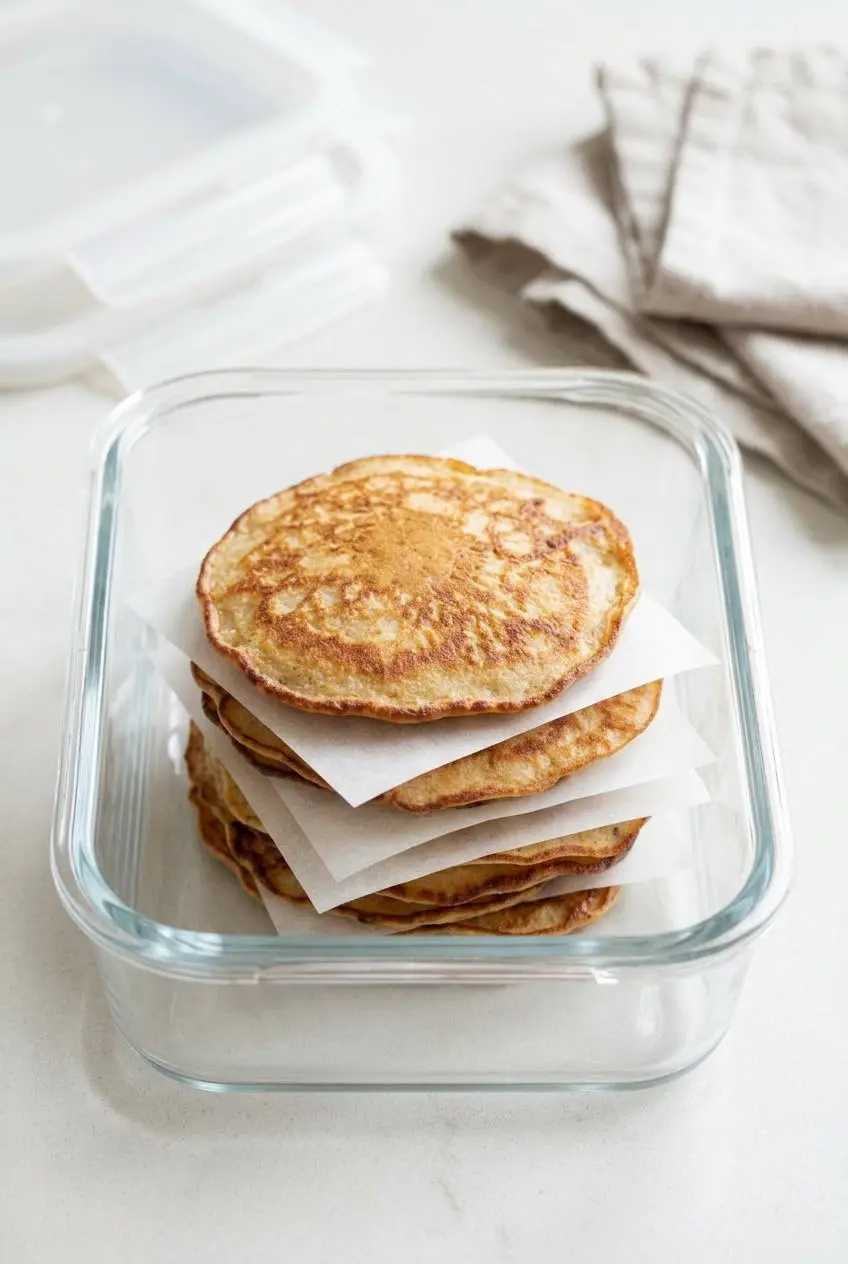 Five cooked keto pancakes stacked inside a glass meal prep container with parchment paper dividers.