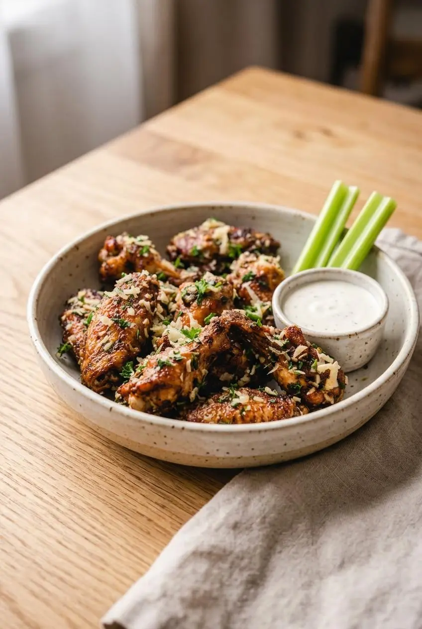 A bowl of garlic parmesan chicken wings served with celery sticks and ranch dipping sauce on a wooden table.