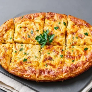 Freshly baked keto cheese bread recipe with a golden-brown bubbly mozzarella crust and sprinkled green herbs.