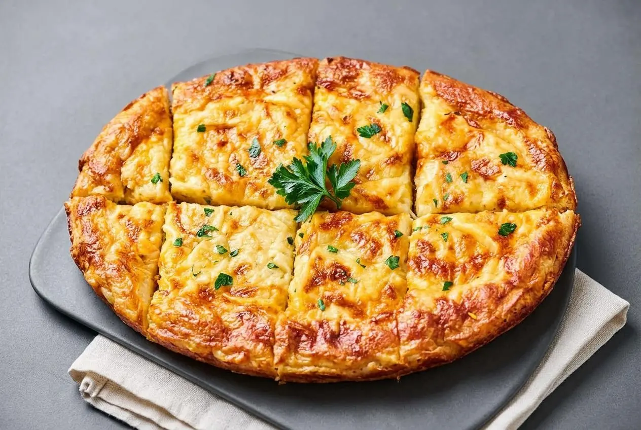 Freshly baked keto cheese bread recipe with a golden-brown bubbly mozzarella crust and sprinkled green herbs.