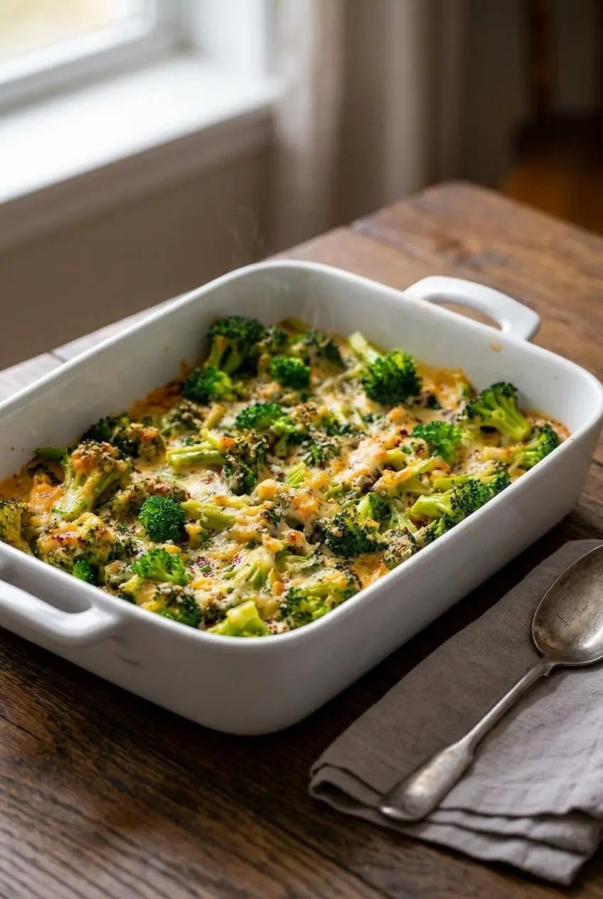 Hot baked keto chicken broccoli casserole in a ceramic dish on a rustic wooden dining table.