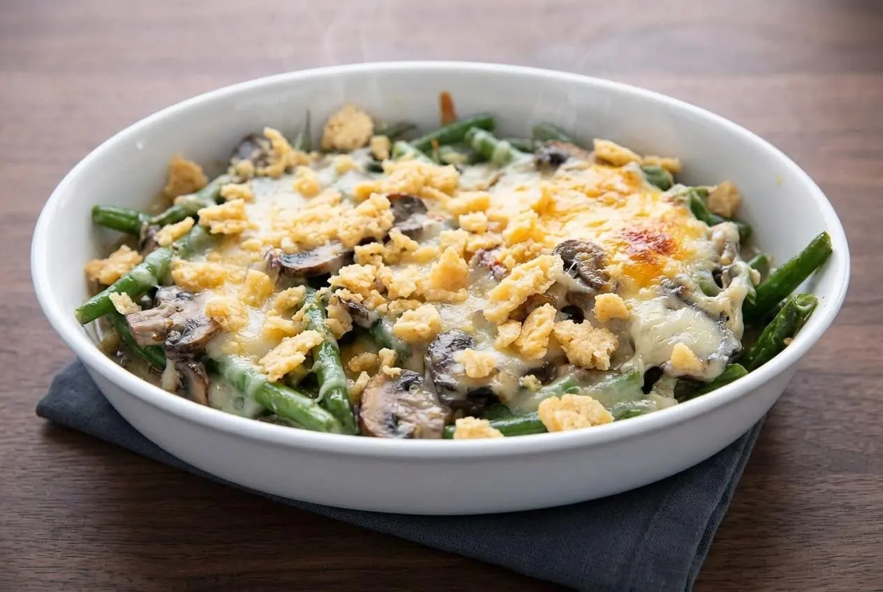 Creamy keto green bean casserole with bubbly melted cheese, golden Parmesan crisp topping, and mushrooms in a baking dish.