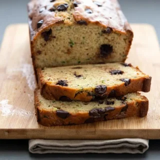 Freshly baked keto zucchini bread recipe loaf with a golden crust and sugar-free chocolate chips.