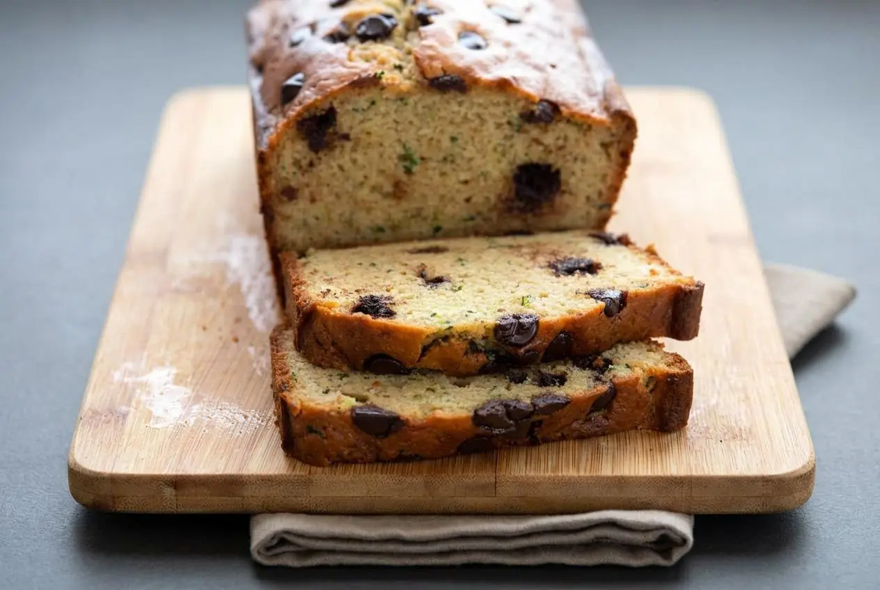 Freshly baked keto zucchini bread recipe loaf with a golden crust and sugar-free chocolate chips.