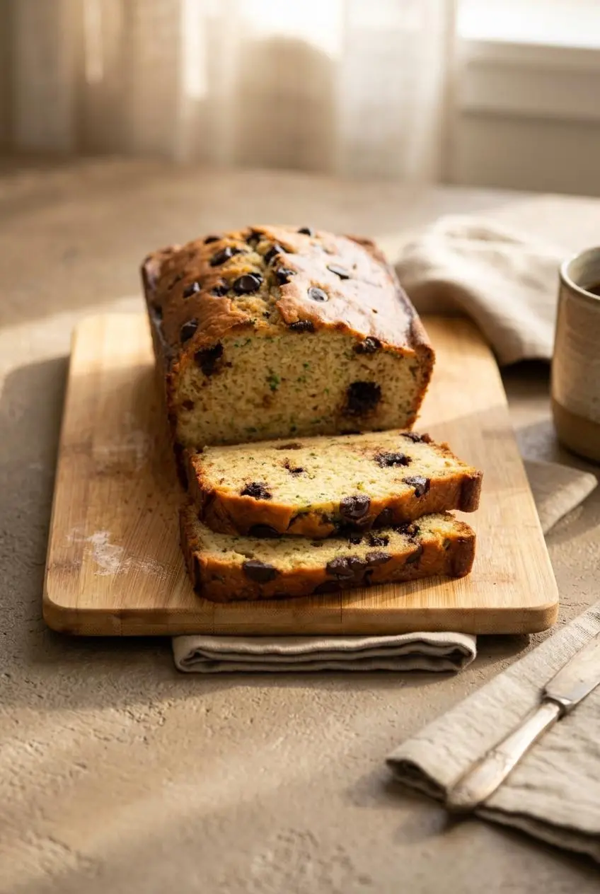Slices of low-carb zucchini bread on a wooden cutting board with a linen napkin.