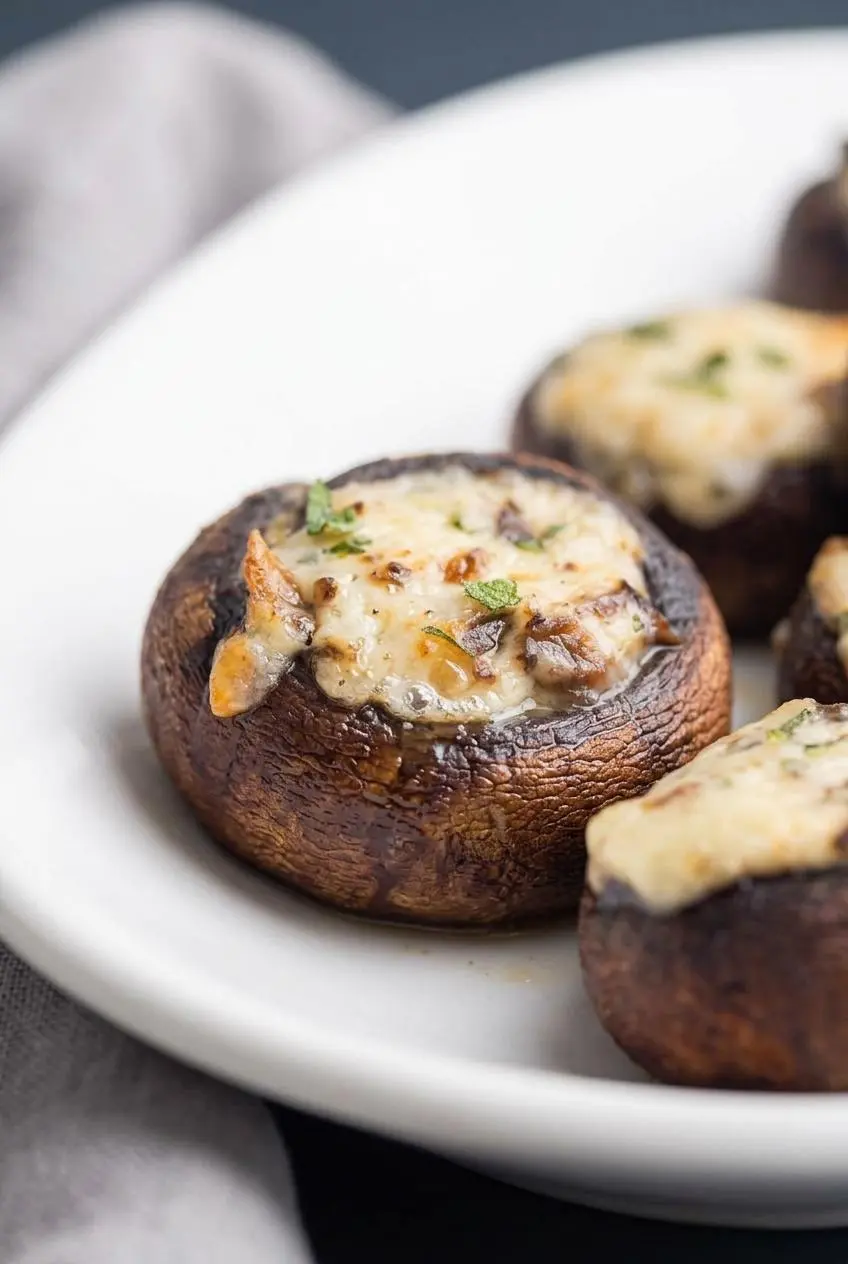 Close-up of a single baked stuffed cremini mushroom with bubbling cream cheese, golden-brown cheddar, and fresh sage.