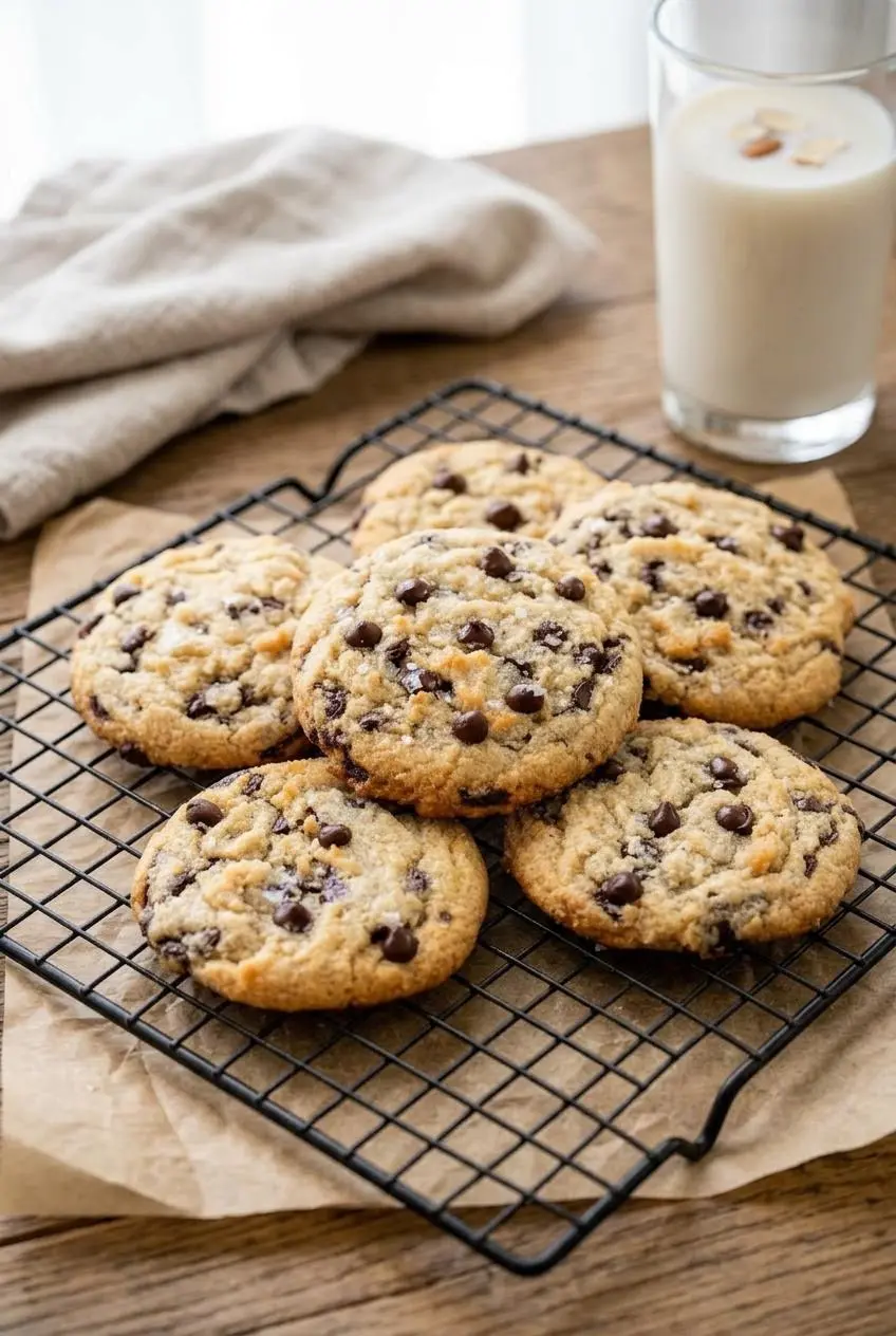 Freshly baked keto chocolate chip cookies resting on a black wire cooling rack over parchment paper.