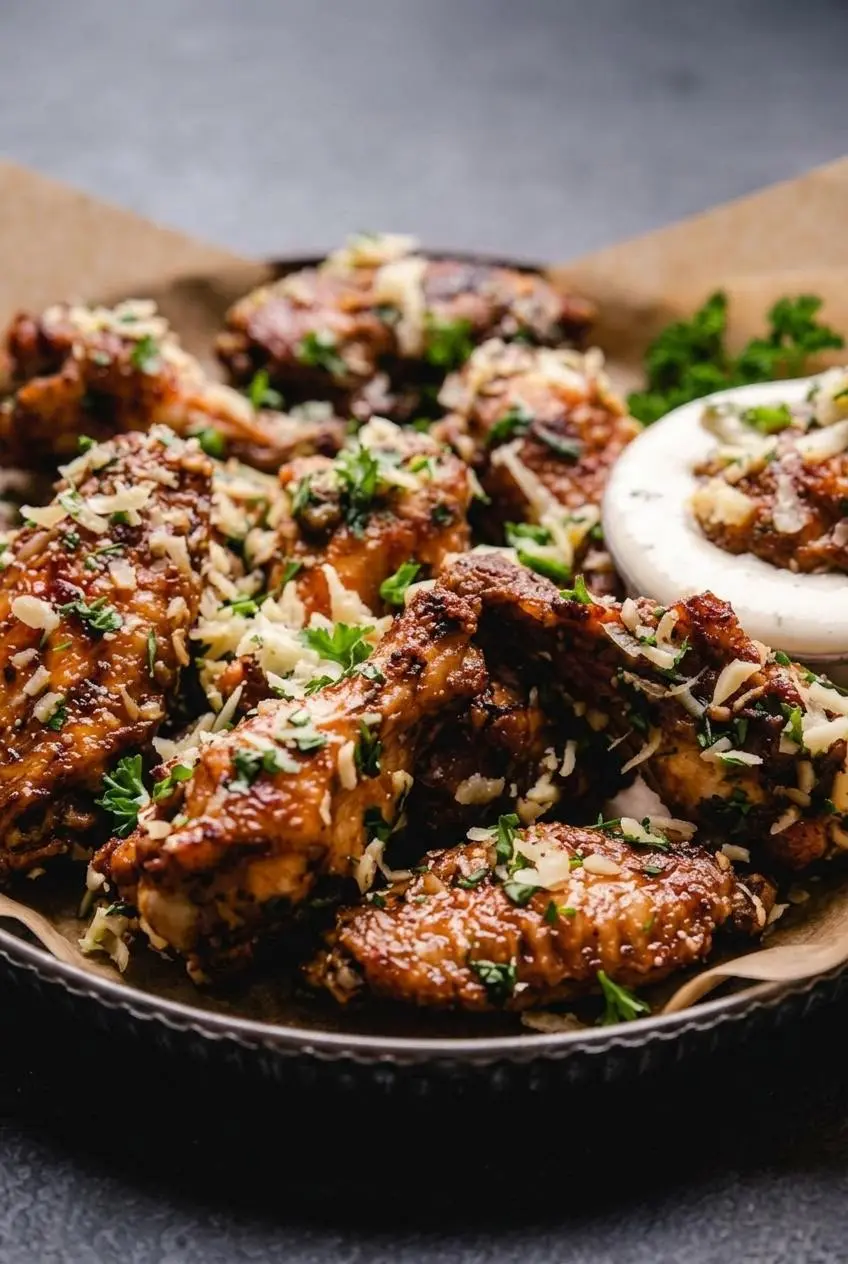 Macro view of blistering golden-brown chicken wing skin topped with grated parmesan cheese and minced parsley.