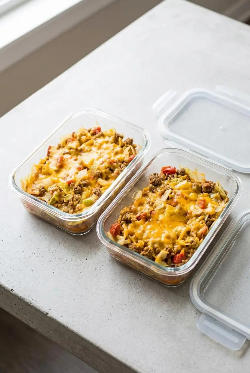 Two glass meal prep containers filled with low carb cheesy cabbage casserole on a gray counter.
