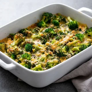 Creamy keto chicken casserole with green broccoli and a golden-brown melted Gruyere cheese crust.