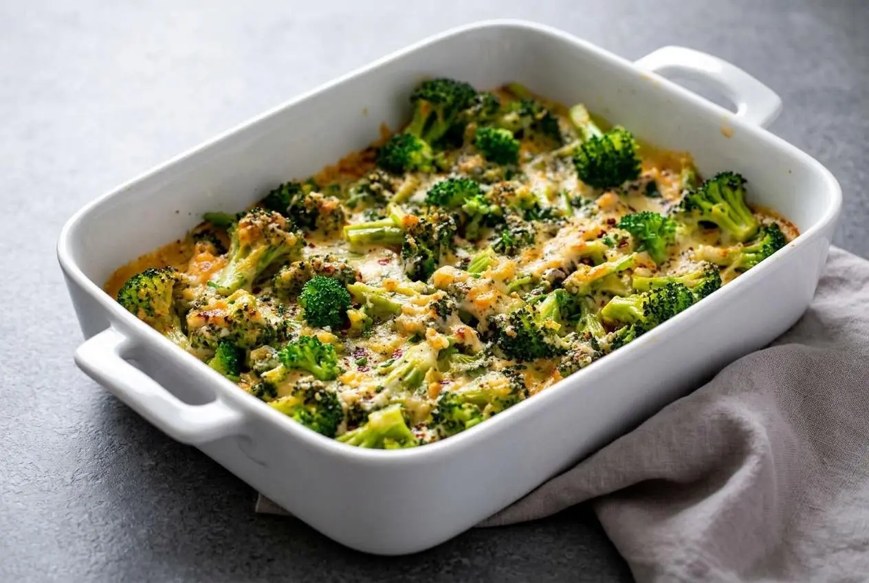 Creamy keto chicken casserole with green broccoli and a golden-brown melted Gruyere cheese crust.