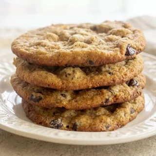 Freshly baked keto almond flour chocolate chip cookies with golden edges and melted chocolate pockets.