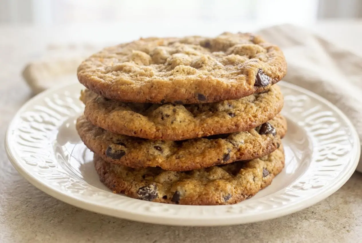 Freshly baked keto almond flour chocolate chip cookies with golden edges and melted chocolate pockets.