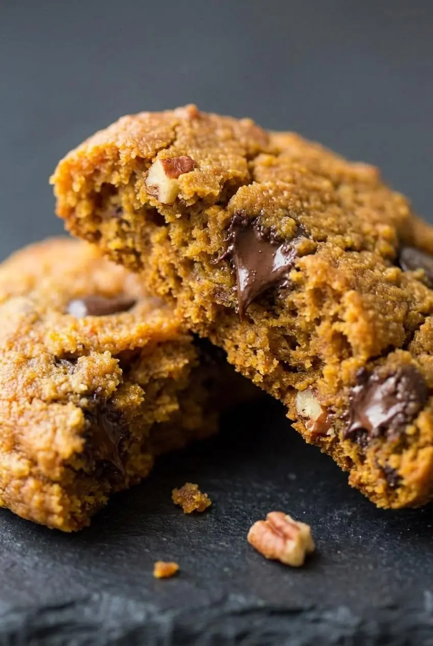 Close-up of a broken keto pumpkin chocolate chip cookie showing a chewy, moist center with melted chocolate.