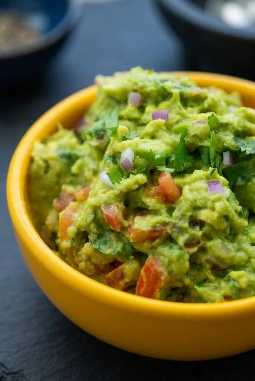 Close-up texture of chunky fork-mashed guacamole with diced red onion, seeded tomato, and ground cumin.