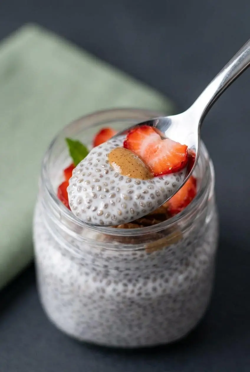 A silver spoon lifting a thick, scoopable scoop of silky chia pudding showing a clump-free texture.