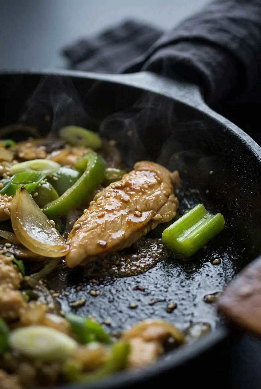 Close-up of glistening chicken strips and crisp green bell peppers cooking in a hot skillet.