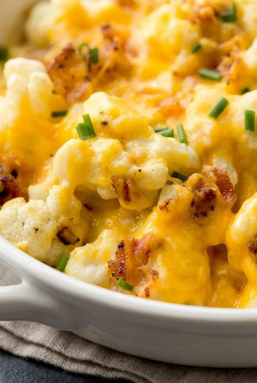 Close-up of a tender cauliflower floret generously coated in thick, velvety cheddar cheese sauce with bacon.